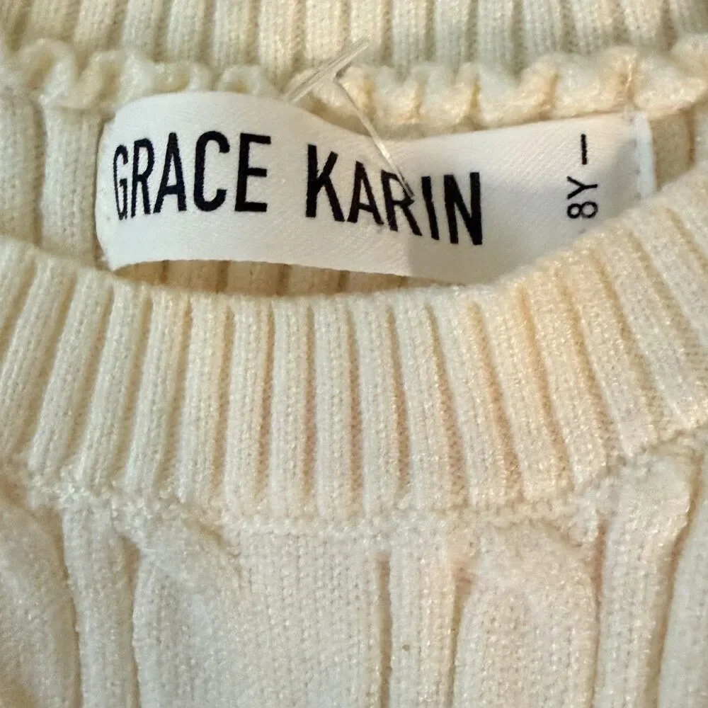 Grace Karin Girls White Long Sleeve Sweater Dress Knit Size 8 Great Condition